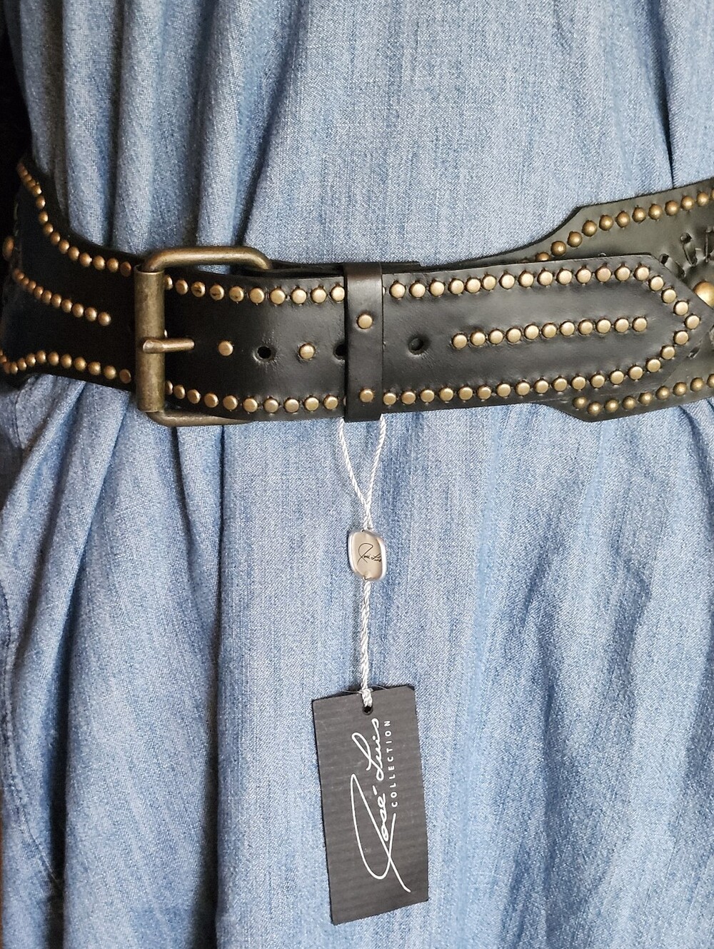 Studded And Laced Black Leather Contour Belt with Antique Brass Hardware